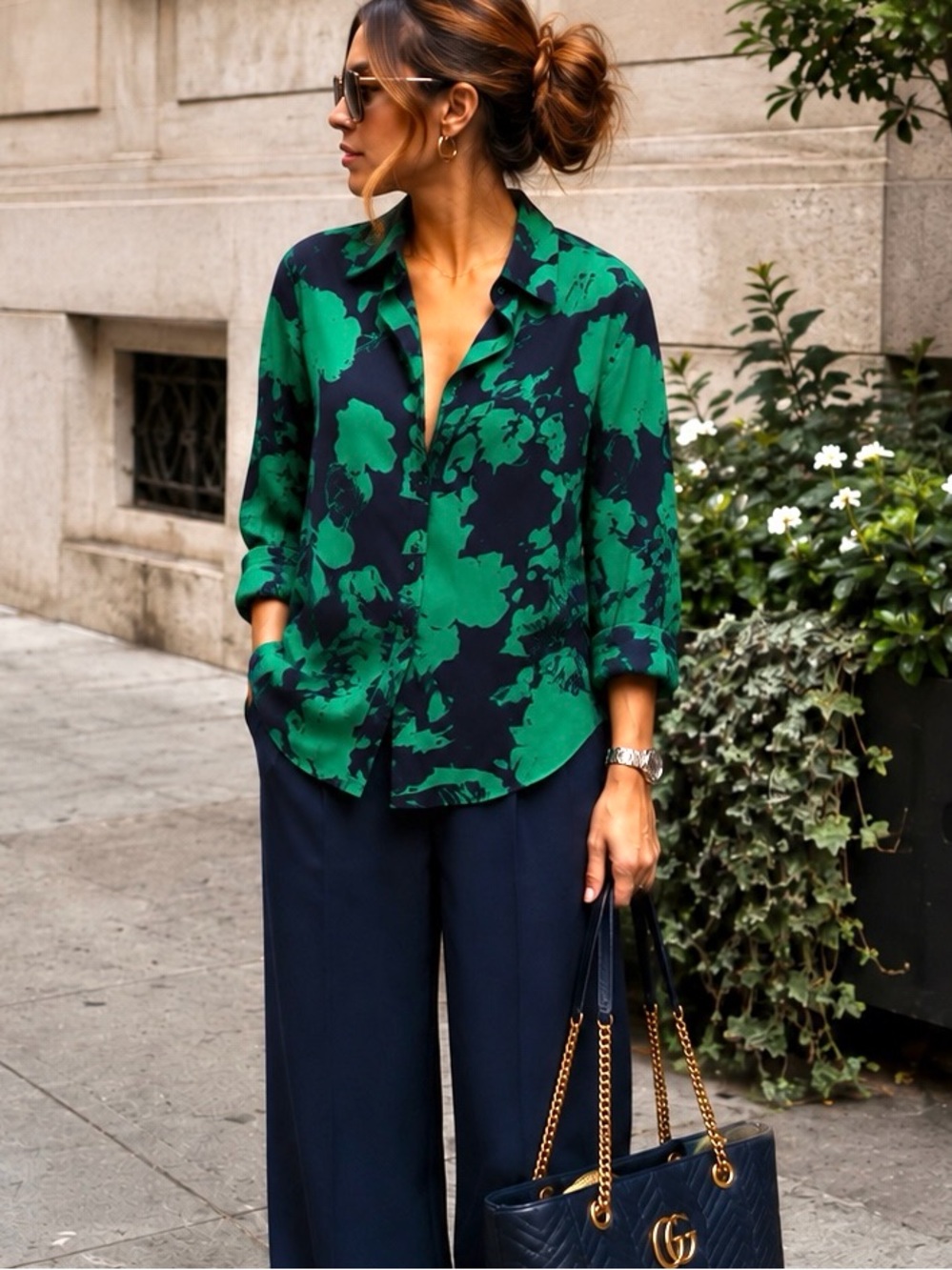 Green & Navy Printed Button-Down Shirt - Versatile Work-to-Weekend Top
